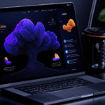 Notebook em ambiente escuro exibindo modelos de templates premium de web design para lançamentos e negócios digitais.