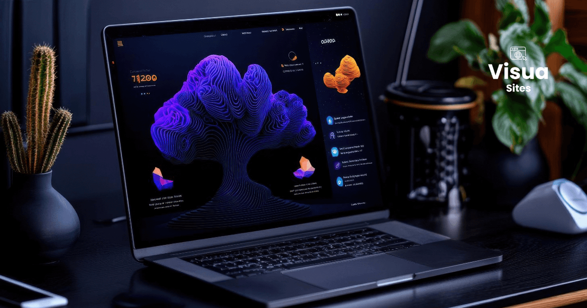 Notebook em ambiente escuro exibindo modelos de templates premium de web design para lançamentos e negócios digitais.