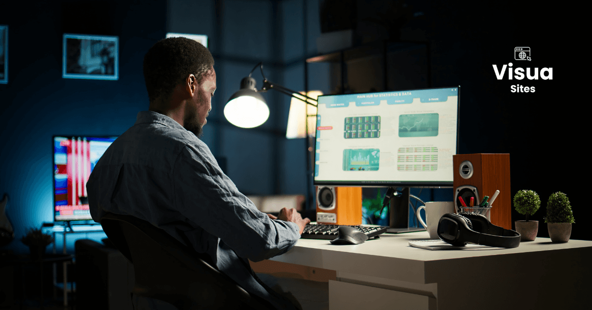 Notebook em uma mesa escura exibindo wireframes e gráficos de conversão, representando a criação de um web design focado em vendas e resultados.