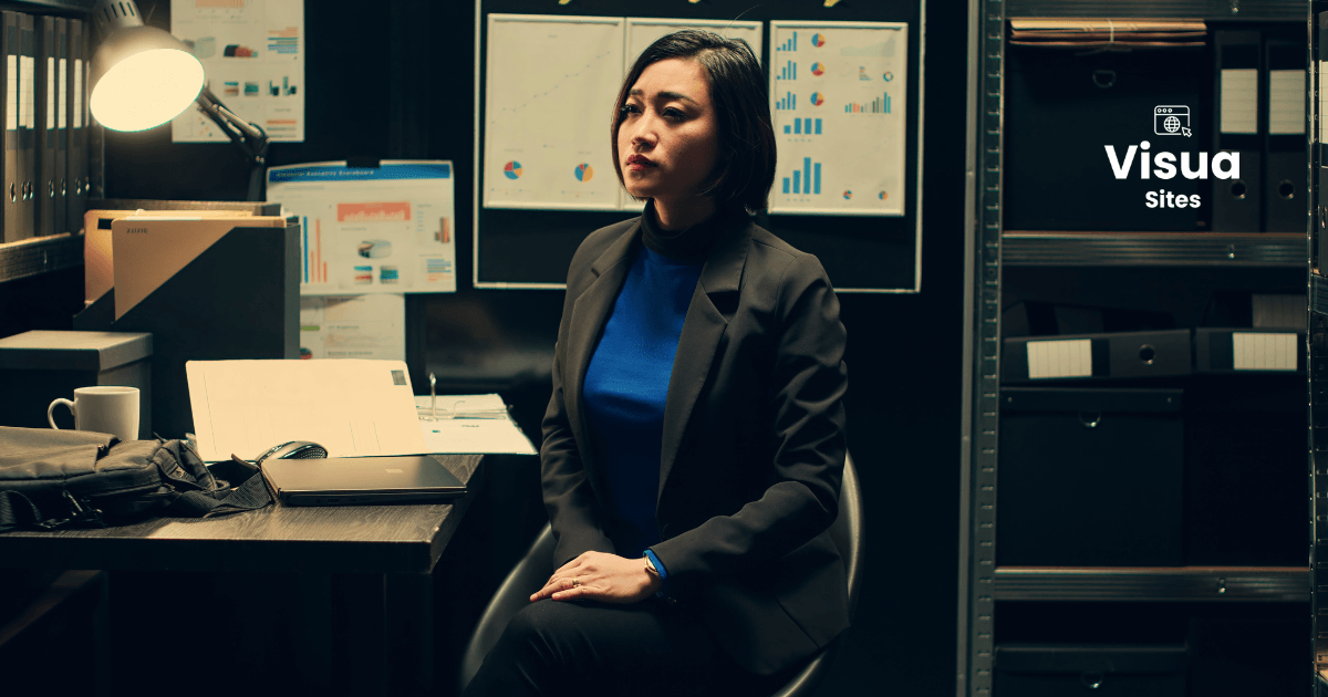 Mesa de um escritório de contabilidade com notebook, gráficos e calculadora em ambiente escuro, representando a criação de um site profissional para contadores.